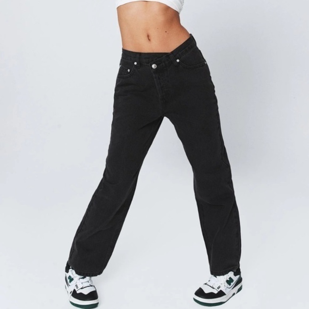 Princess Polly Asymmetrical Black Crossover Highrise Straight Leg Relaxed Jean